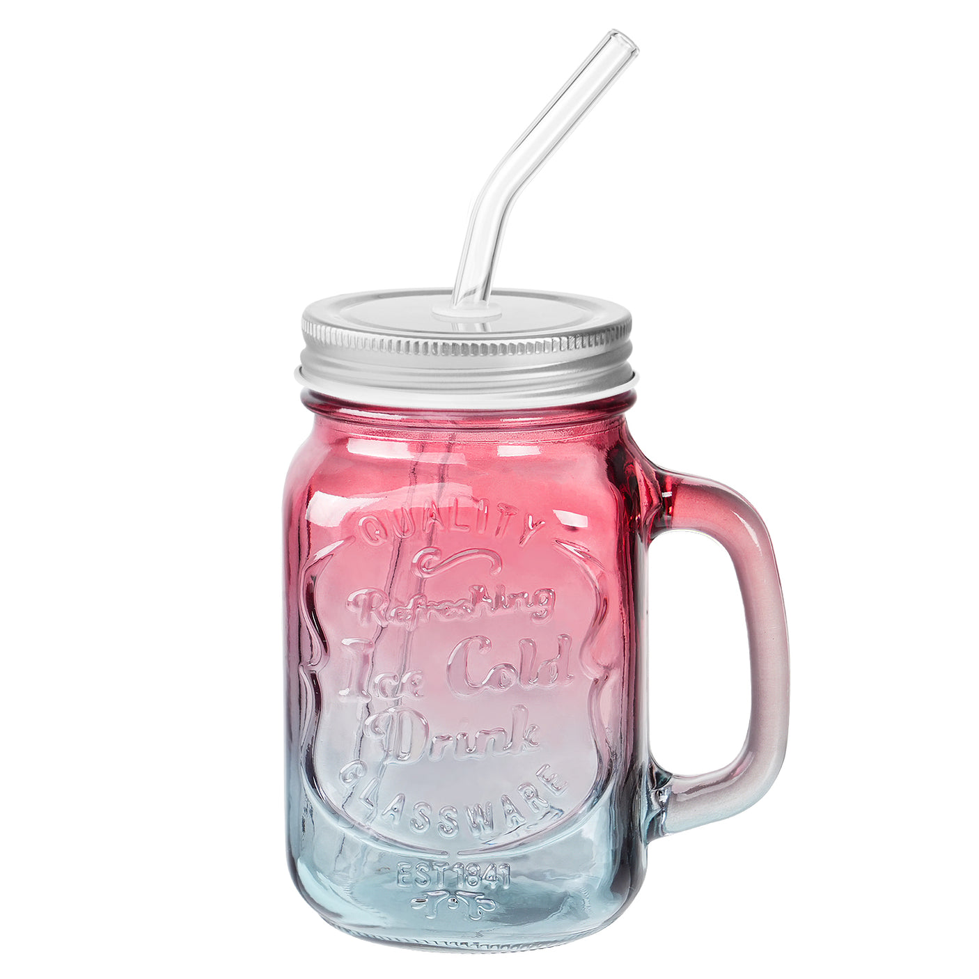 2 Pcs 16 Oz Colored Mason Jar with Glass Handle & Metal Screw Lid & Glass Straw