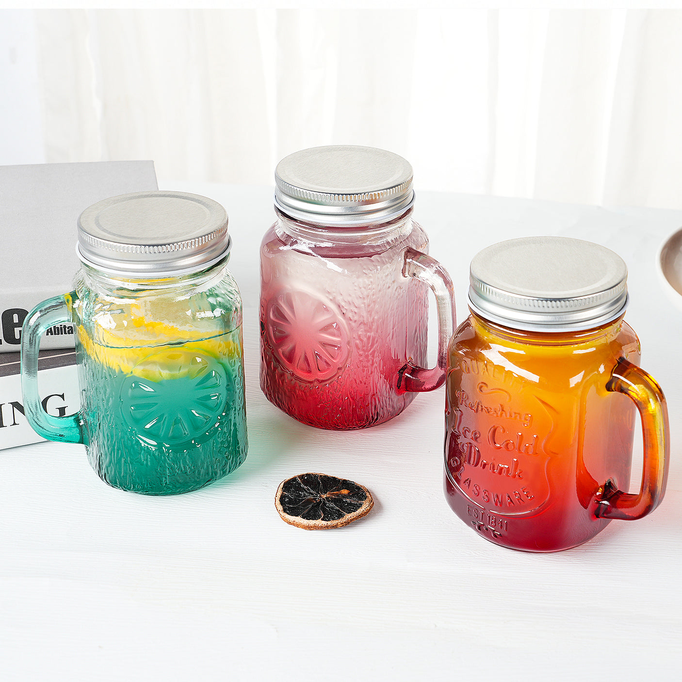 2 Pcs 16 Oz Colored Mason Jar with Glass Handle & Metal Screw Lid & Glass Straw