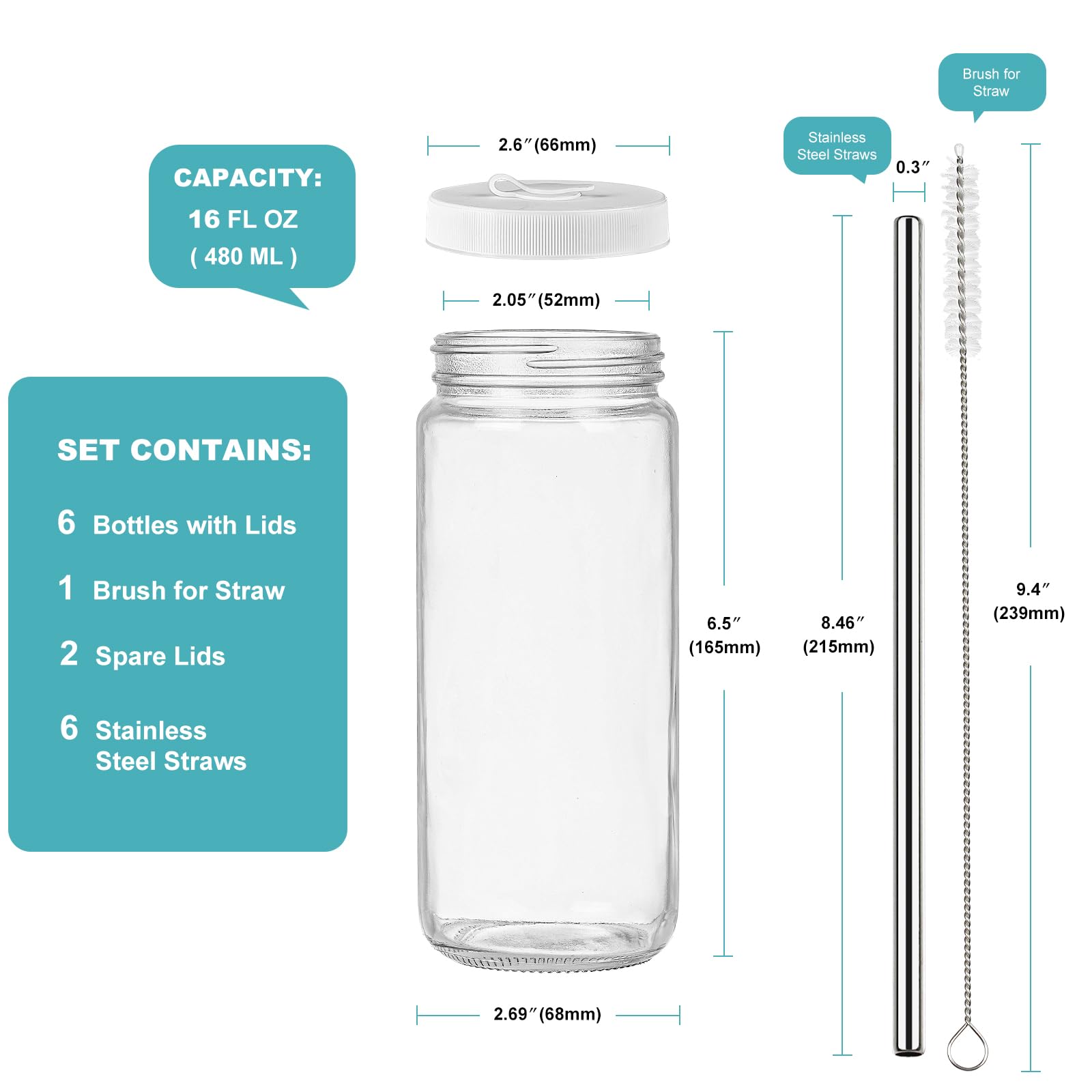 6 Pcs 16 & 20 Oz Glass Bottles with 6 Straws and 8 Screw Lids