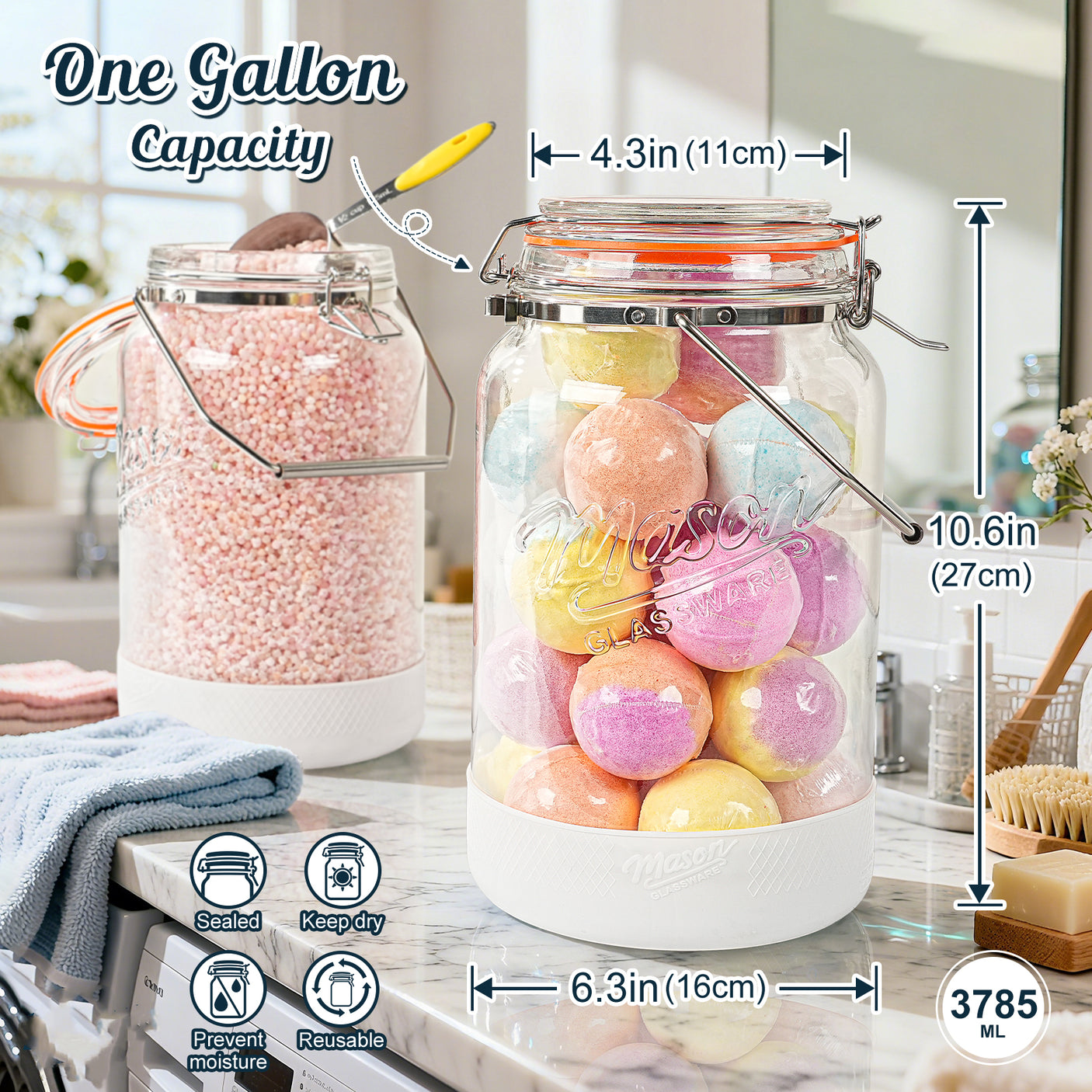 2 Pc 1 Gallon Glass Mason Jar with Silicone Anti-slip Cover & Airtight Glass Lid, Steel Removable Handle