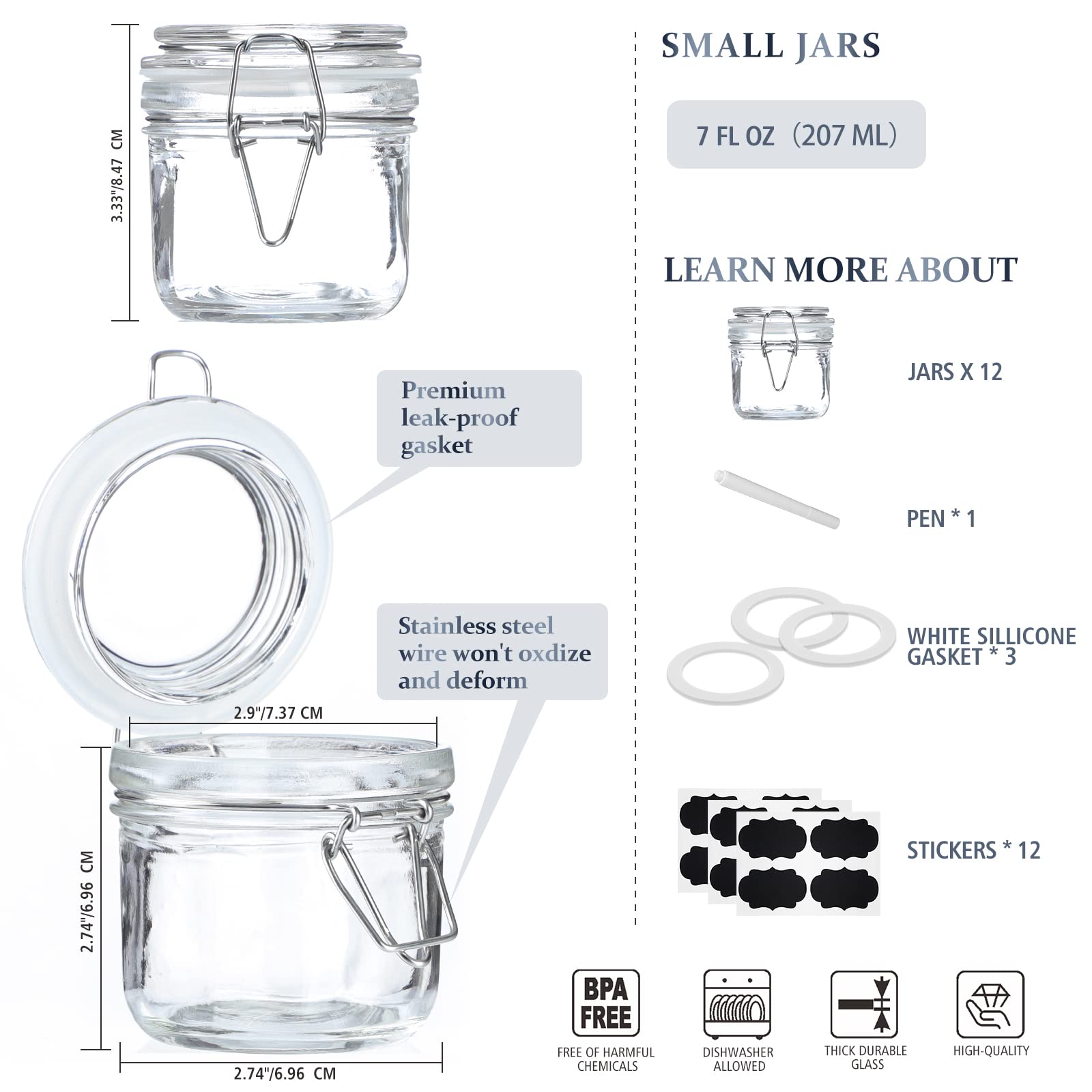 12 Pcs 7 oz Glass Jars with Airtight Hinged Lids