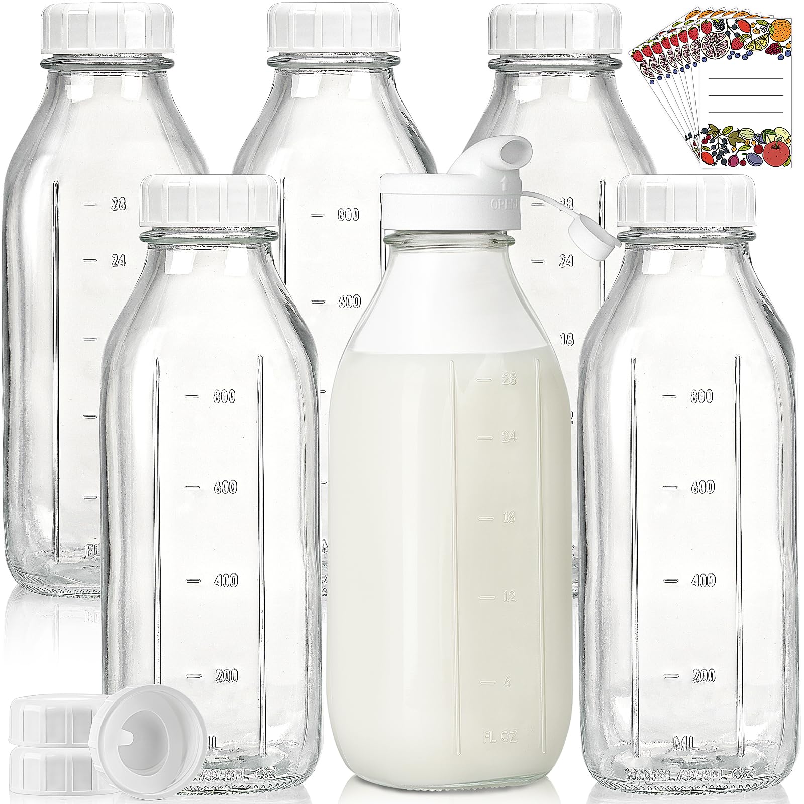 32 Oz Square Liter Glass Milk Juice Bottles & Jars with Pour Spout, Scale Mark