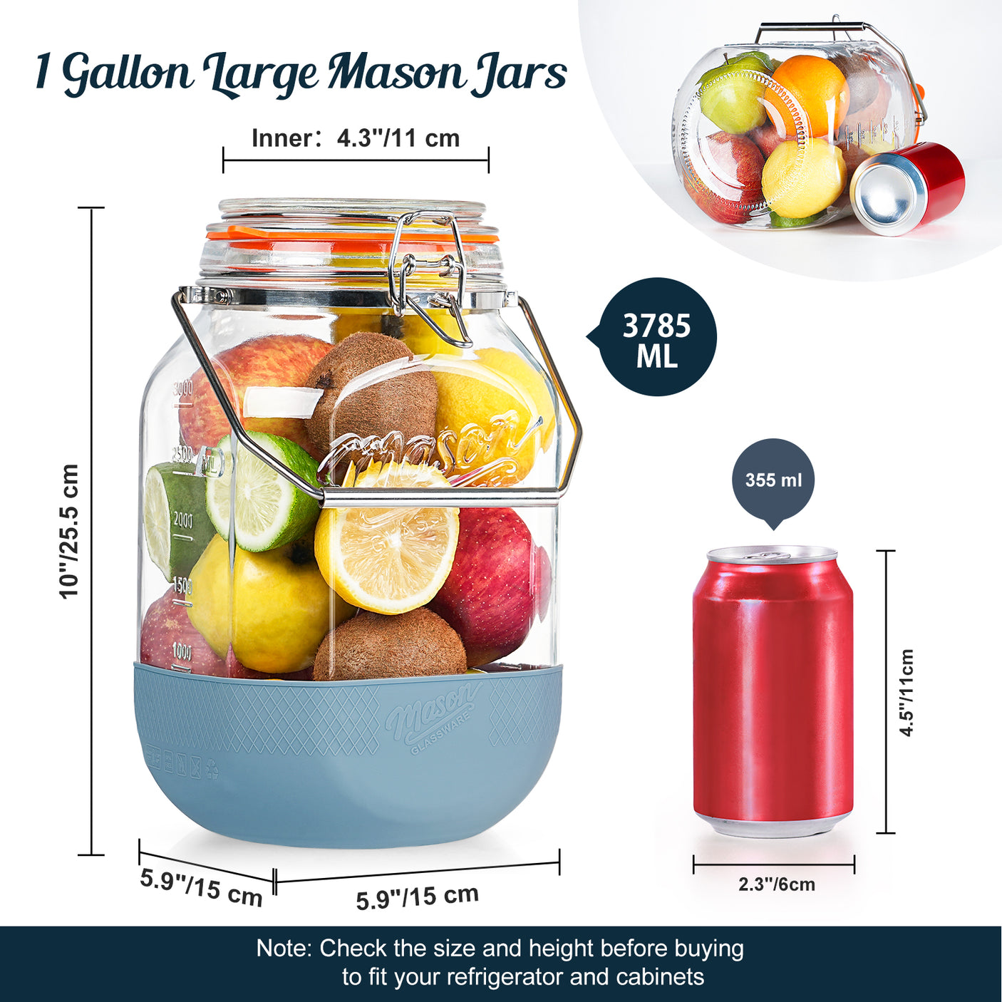 2 Pc 1 Gallon Glass Mason Jar with Silicone Anti-slip Cover & Airtight Glass Lid, Steel Removable Handle