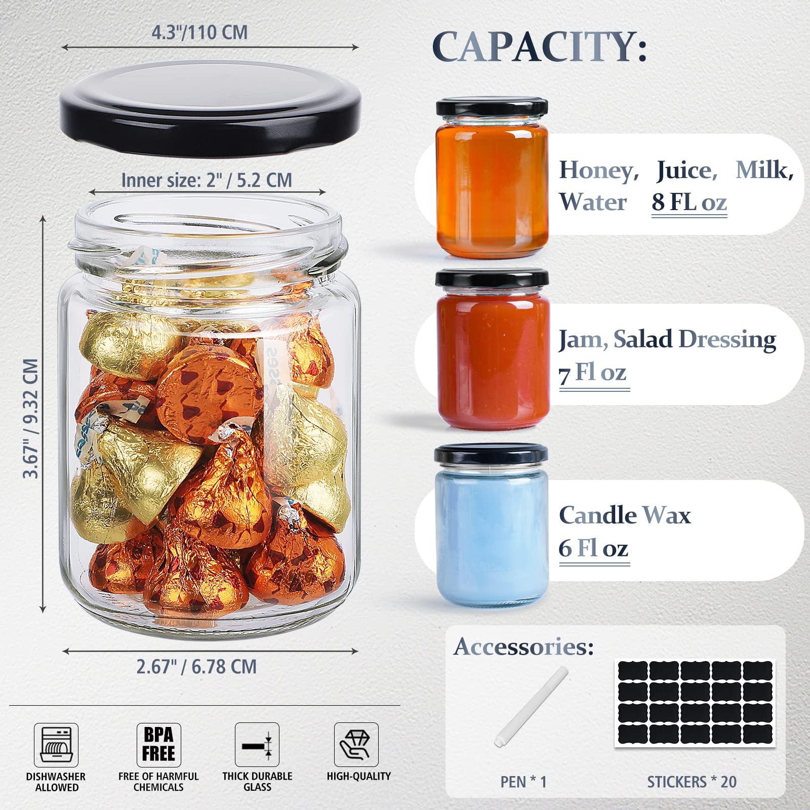 20 Pcs 8 oz Small Glass Jars with Airtight Lids