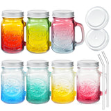 2 Pcs 16 Oz Colored Mason Jar with Glass Handle & Metal Screw Lid & Glass Straw