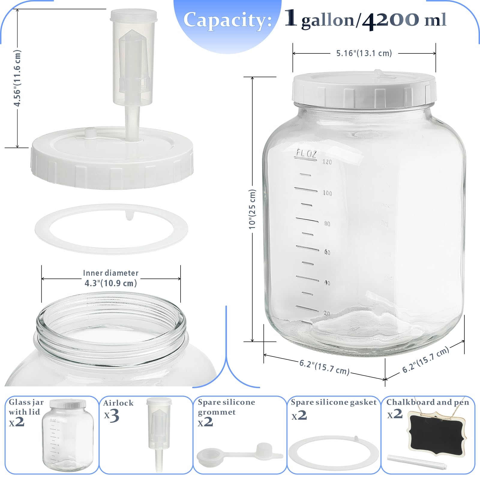 2 Pcs 1 Gallon Square Fermentation Jars with 2 Screw Lids and Scale Mark