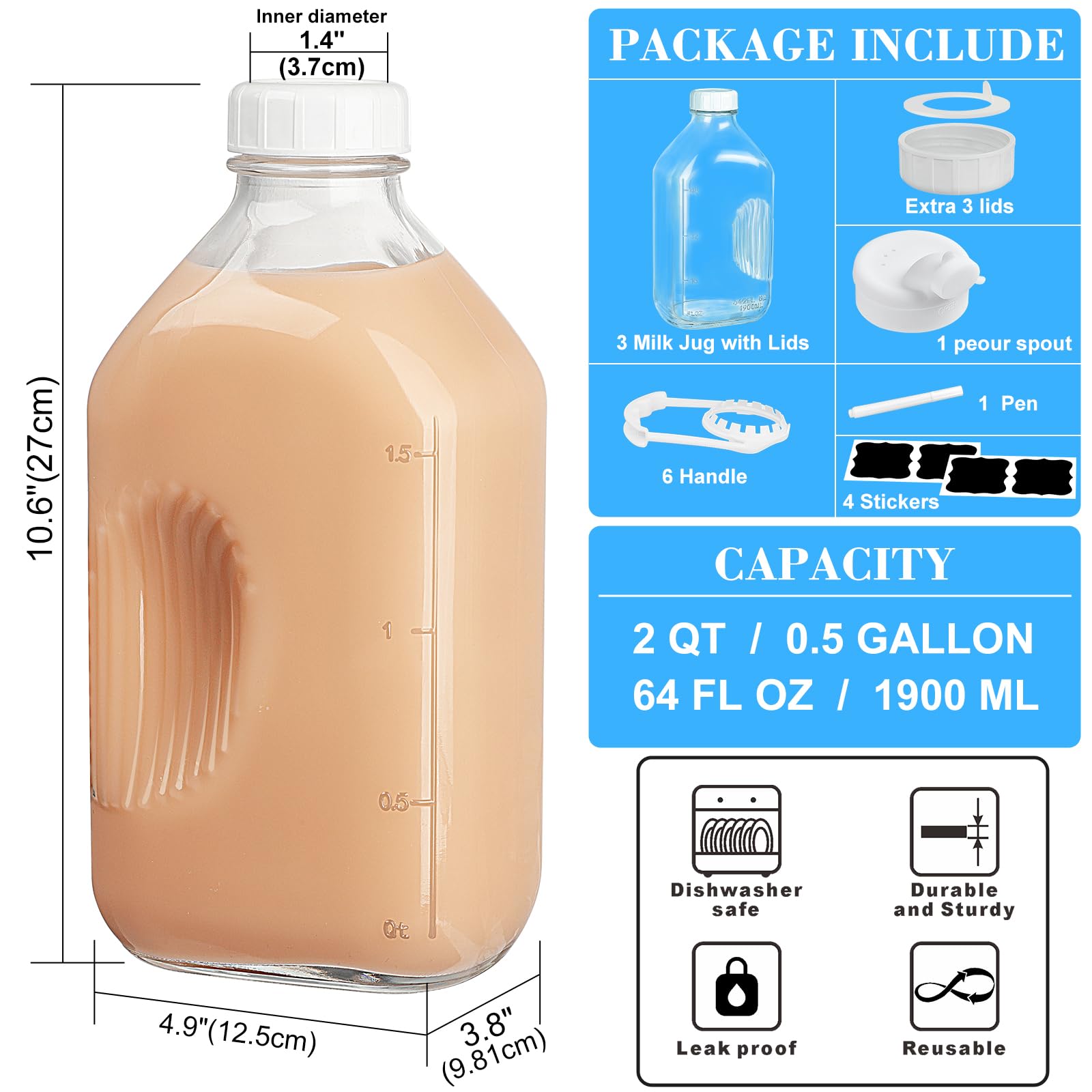 64 Oz Glass Bottle & Jar with Airtight SCREW LID, Scale Line