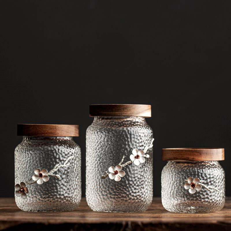 Handmade Plum Flower Glass Jar with Wooden Lid