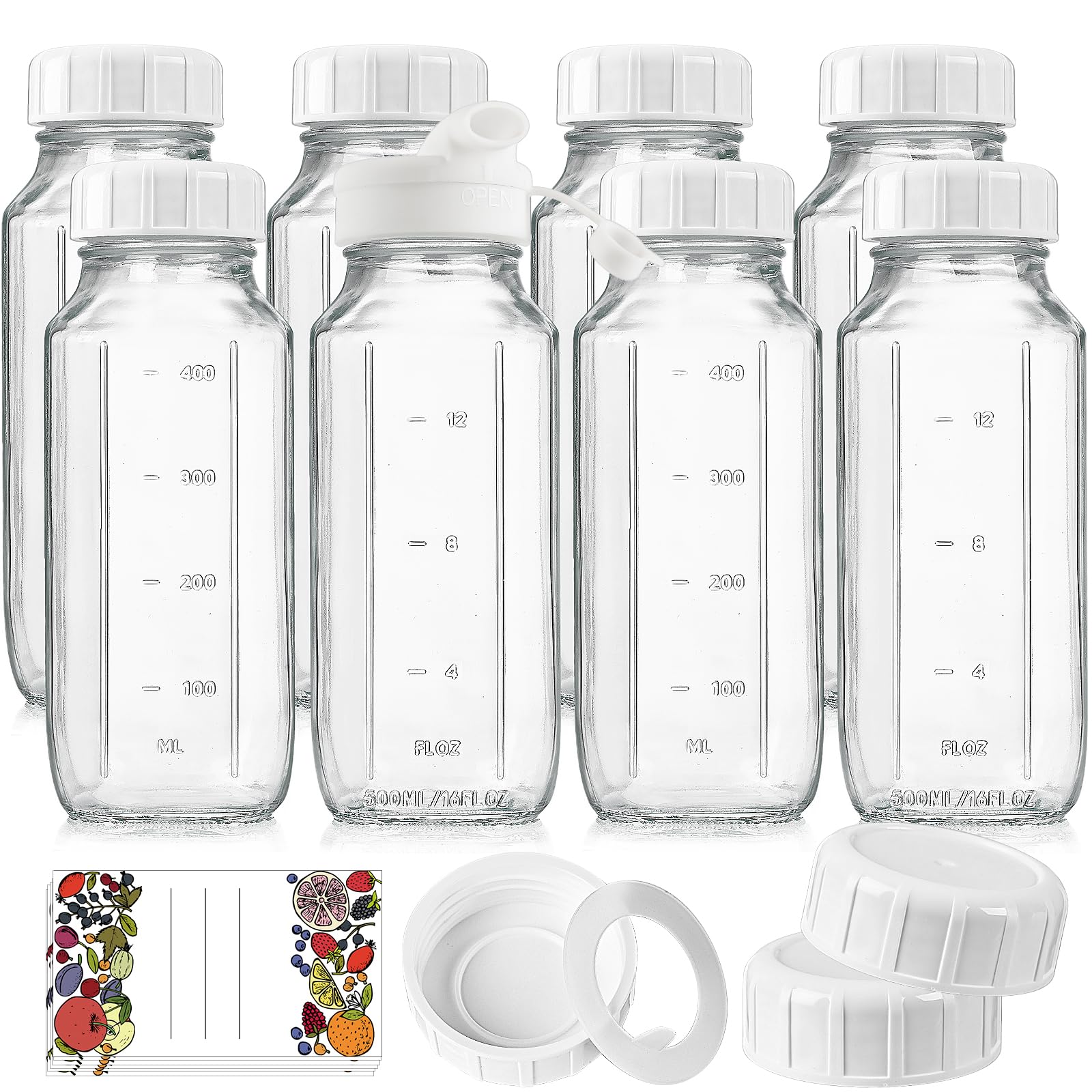 6 Pcs 16 Oz Glass Bottle & Jar With Capacity Mark and Airtight Spout, Lid