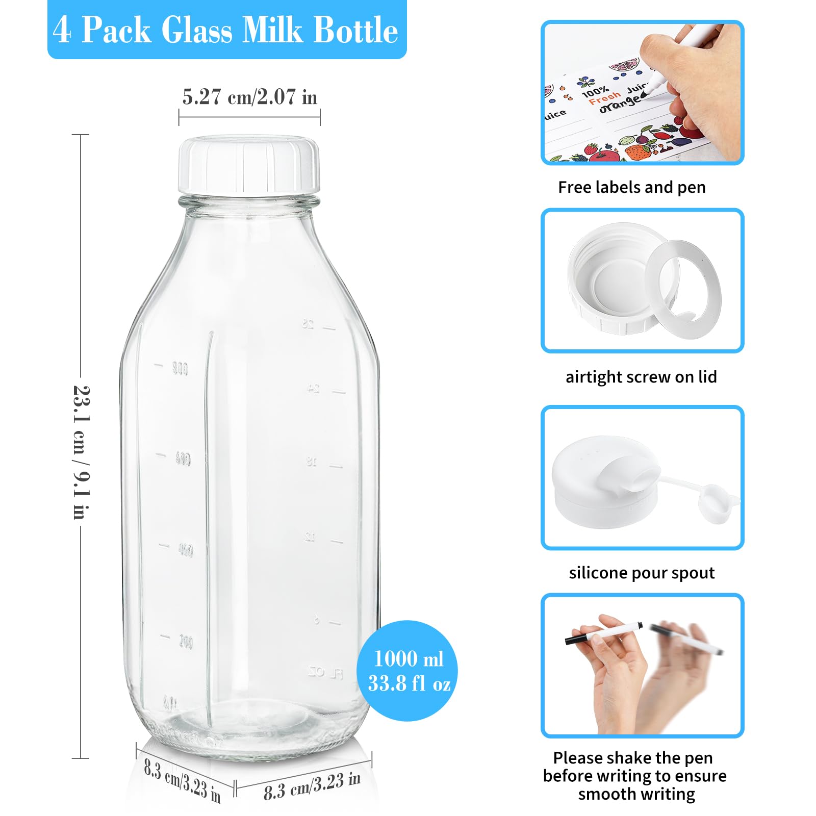 32 Oz Square Liter Glass Milk Juice Bottles & Jars with Pour Spout, Scale Mark