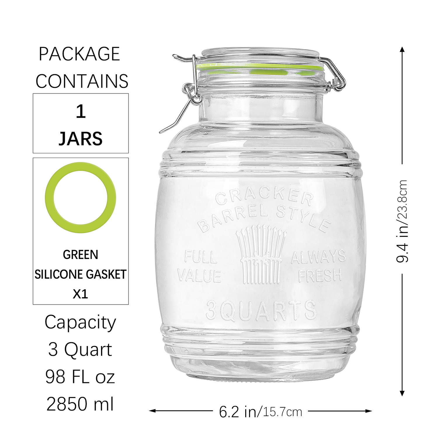 2 Pcs 98 oz Retro Barrel Style Glass Jars(Hinged Lids)