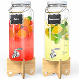 2 Pcs 2 Gallon Drinks Dispensers with Metal Handles & Bamboo Stands & Spigots