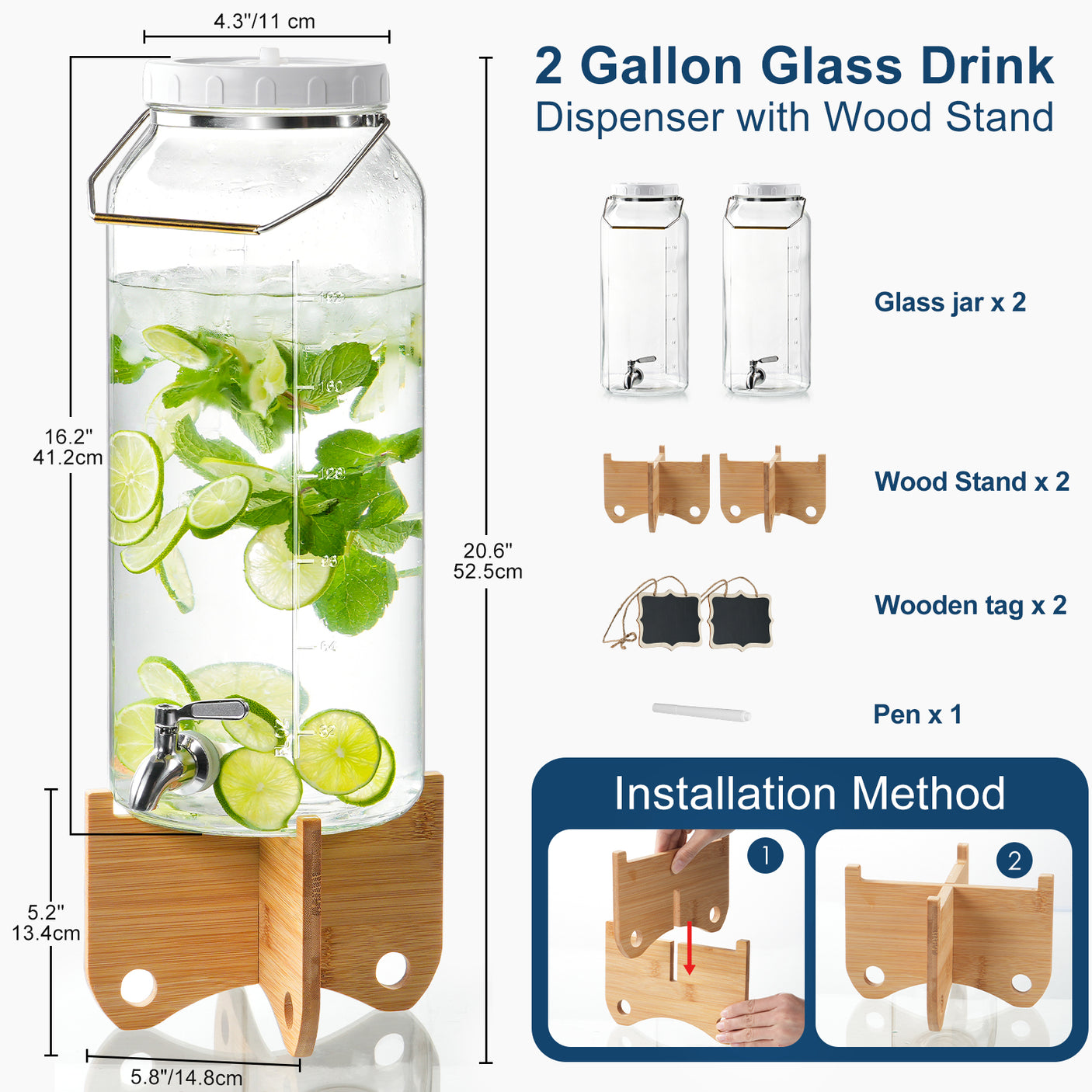 2 Pcs 2 Gallon Drinks Dispensers with Metal Handles & Bamboo Stands & Spigots