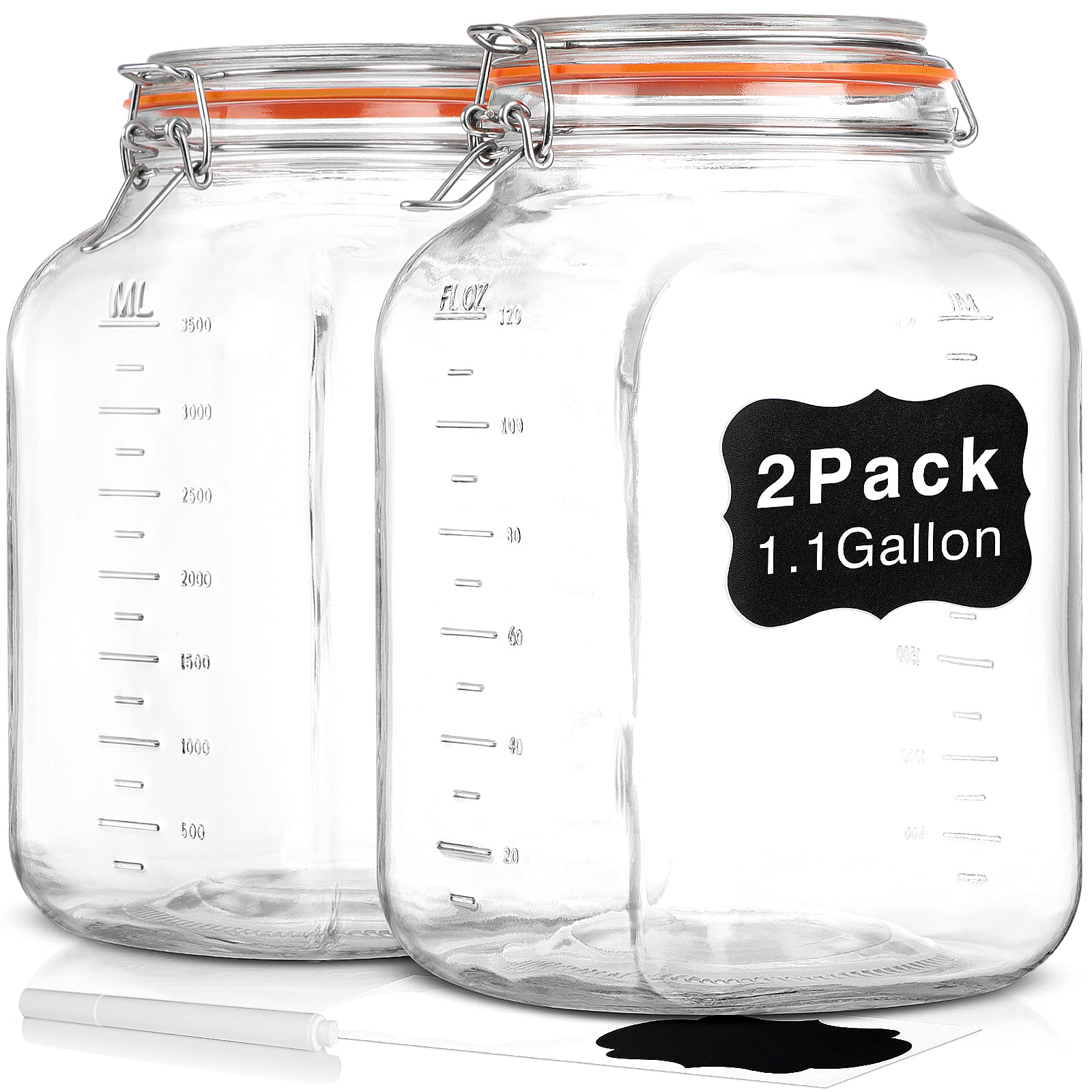 2 Pcs 1.1 Gallon Square Super Wide Mouth Glass Jar with Airtight Lids, Scale Line