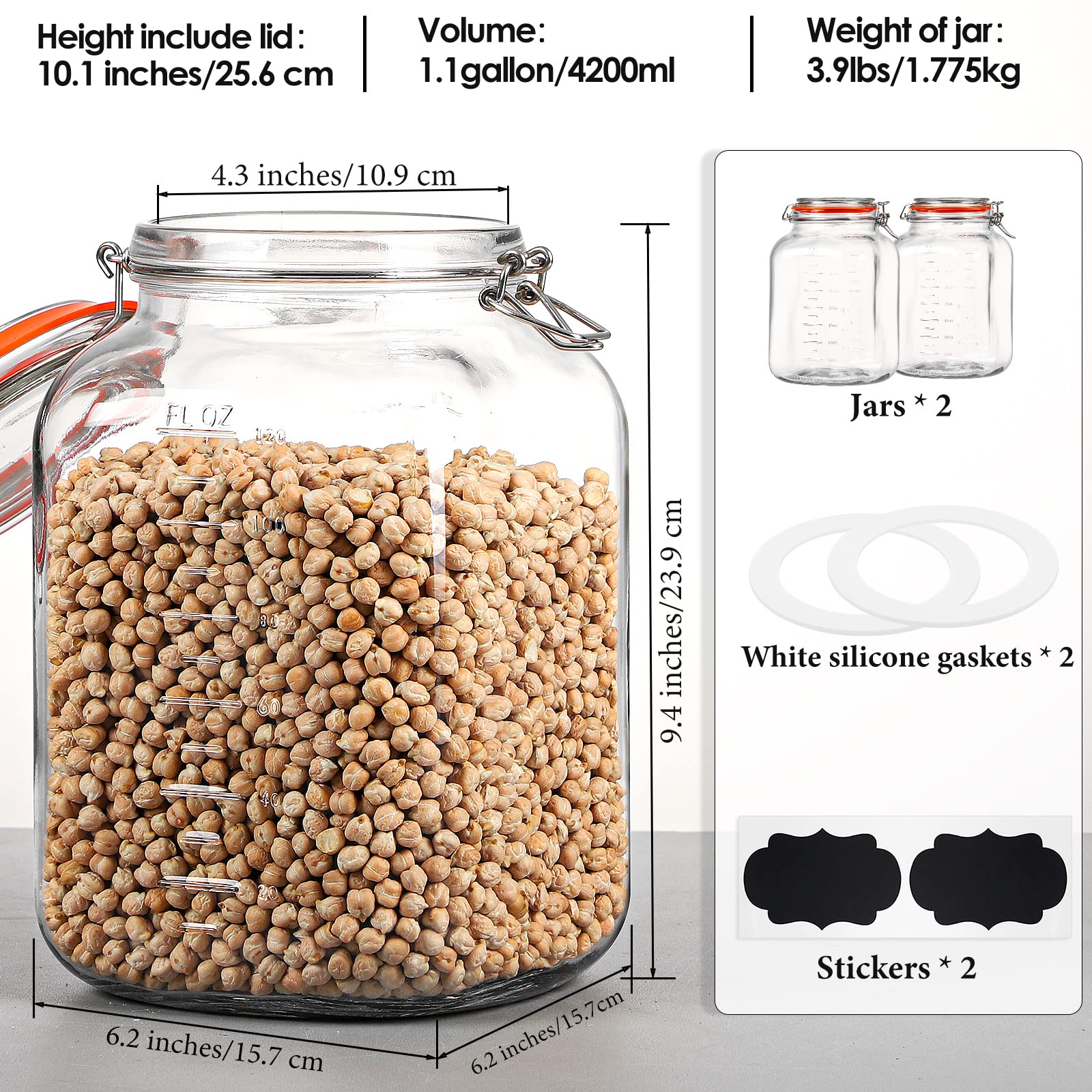 2 Pcs 1.1 Gallon Square Super Wide Mouth Glass Jar with Airtight Lids, Scale Line