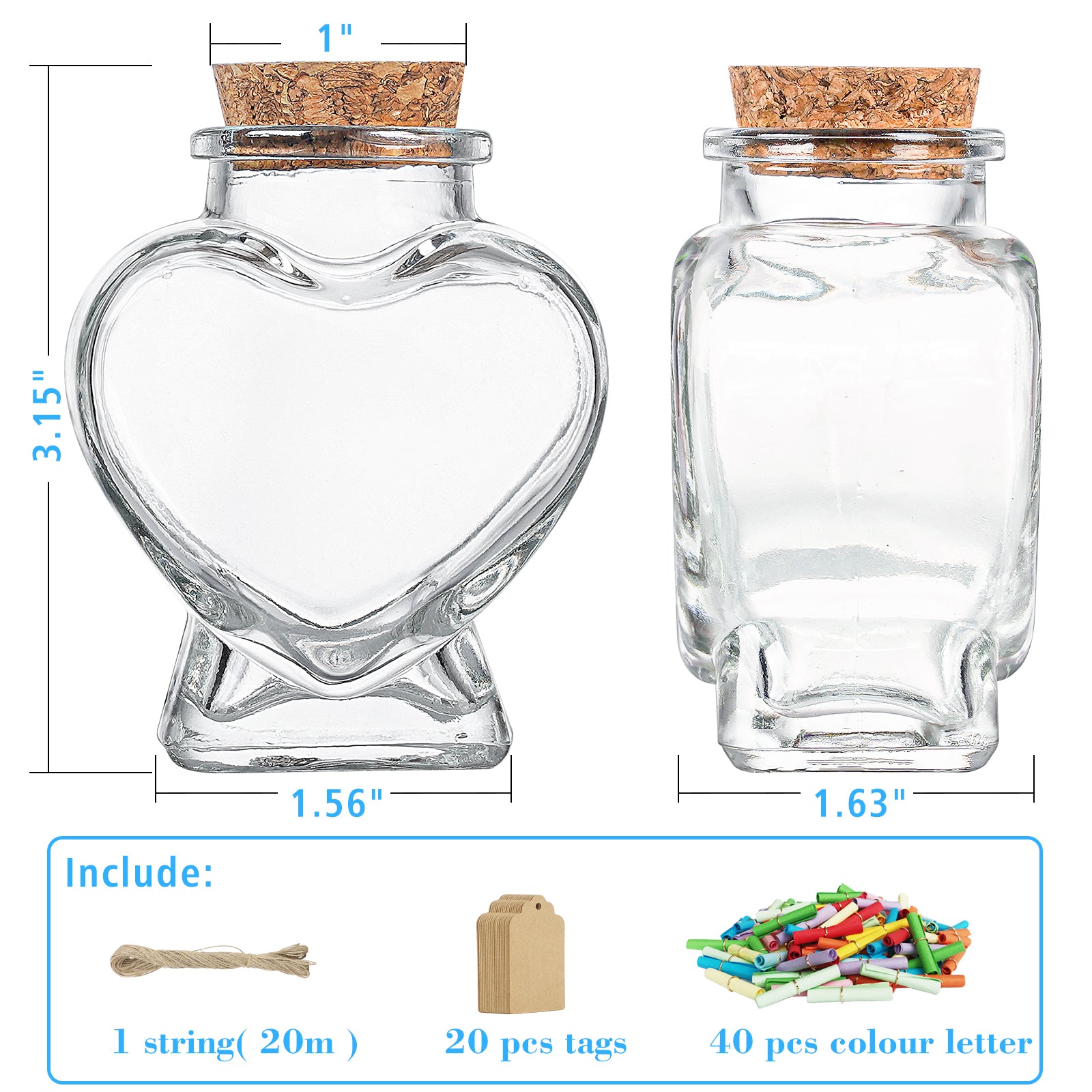 20 Pack Heart Shaped Mini Glass Wish Bottles with Cork,3 oz Favor Jar for Baby Shower, Wedding, Party Decoration