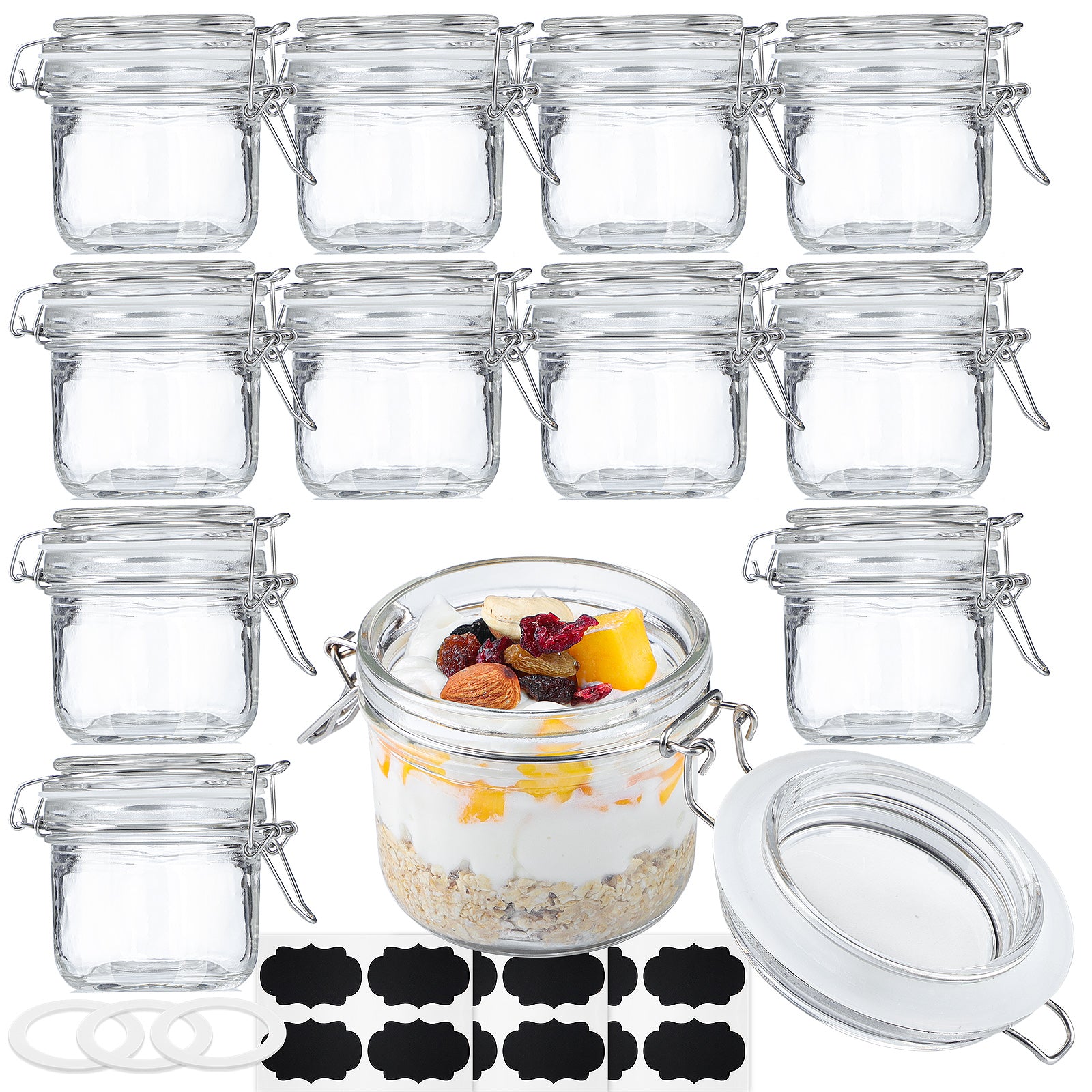 Syntic 7OZ Wide Mouth Mason Jars w Airtight Hinged Lids, Leak Proof Rubber Gasket (Set of 12)