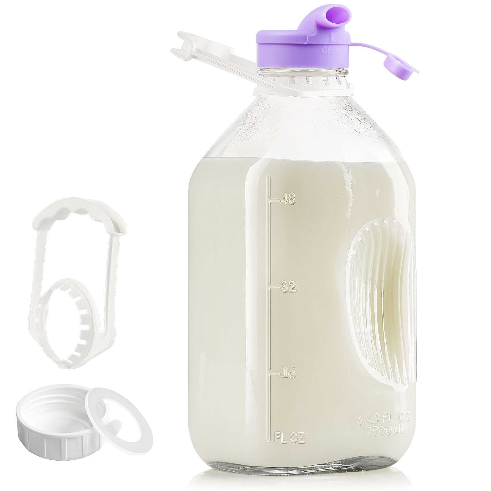 Syntic Food Grade Glass Jars 64 oz Milk Bottles with Handle and Pour Spouts, Half Gallon Juice Jar for Refrigerator Clear