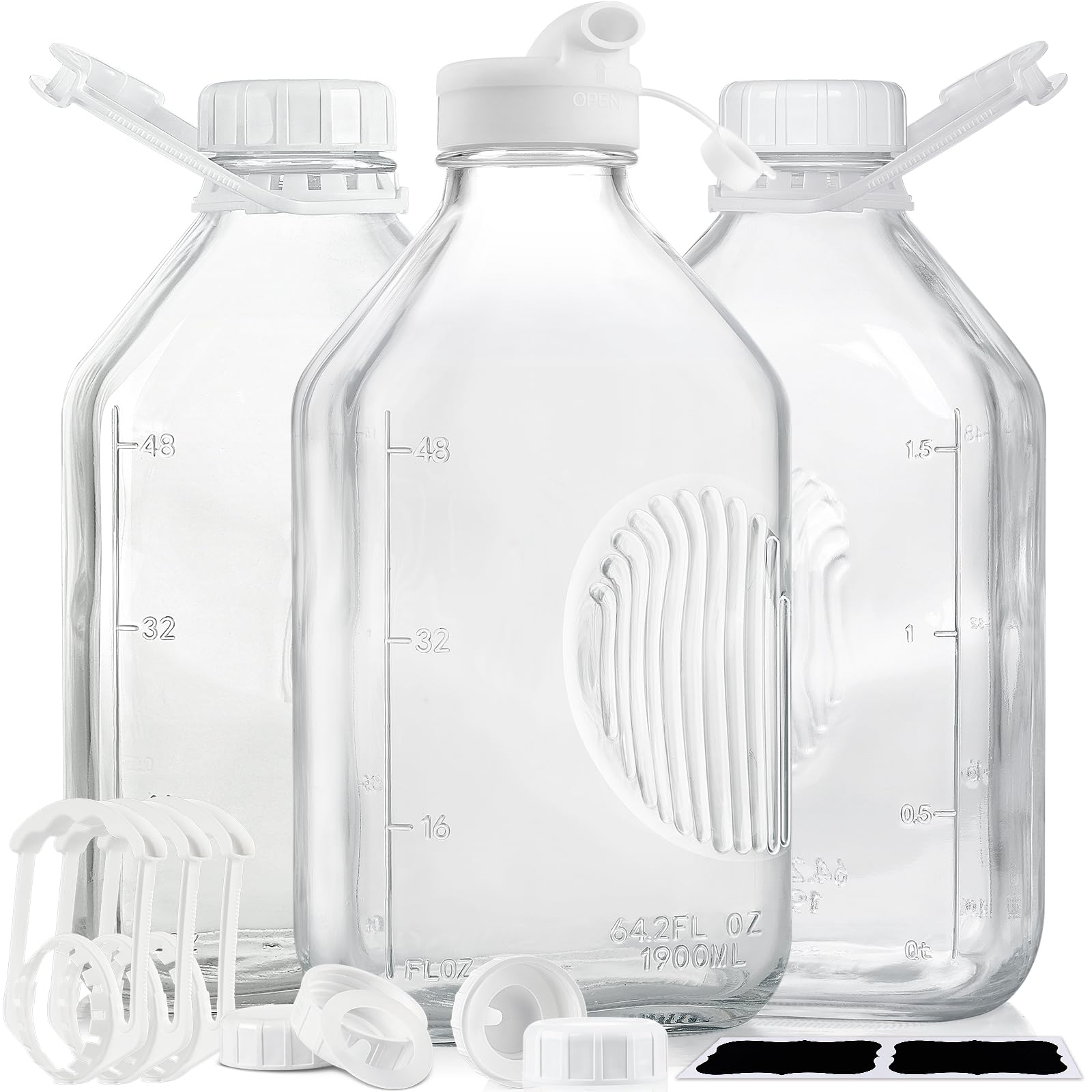 Syntic 64 OZ Reusable Glass Jars Milk Bottles With Handle, Lid and Pourer (Set of 3