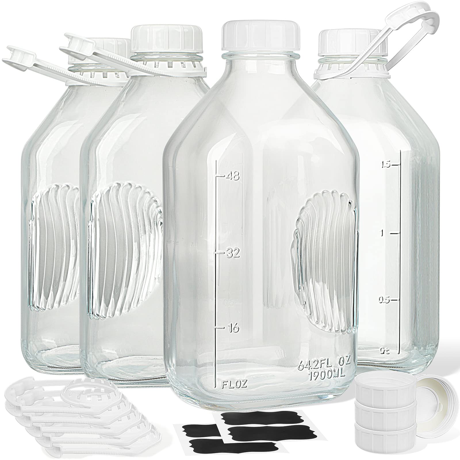 Syntic 64 oz Reusable Glass Jars Milk Bottles With Handle, Lid and Pourer (Set of 4)