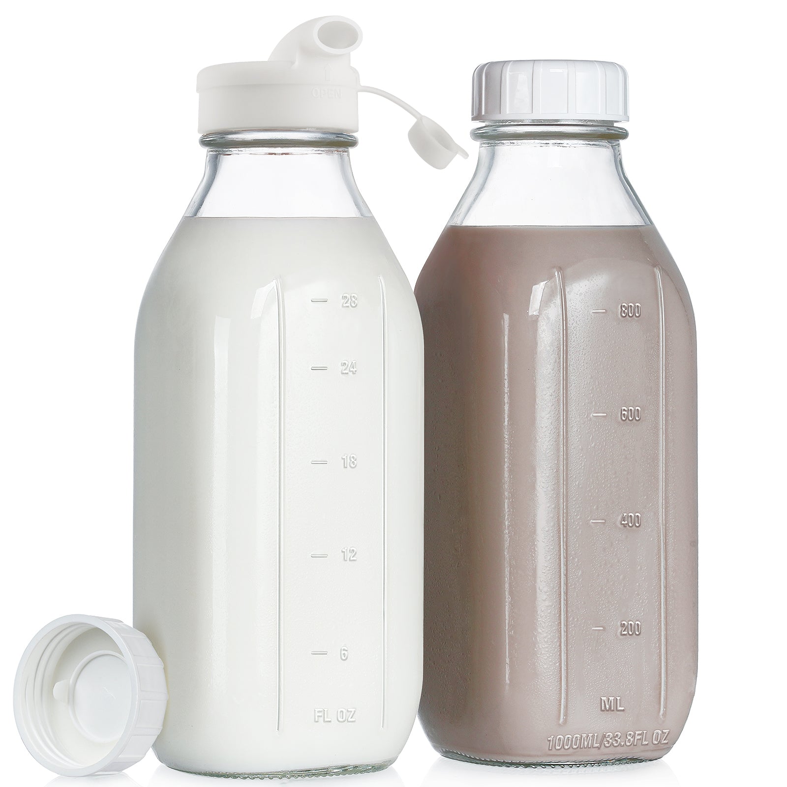 Syntic 32 oz Reusable Glass Jars Milk Bottle With Lid and Pourer (Set of 2)