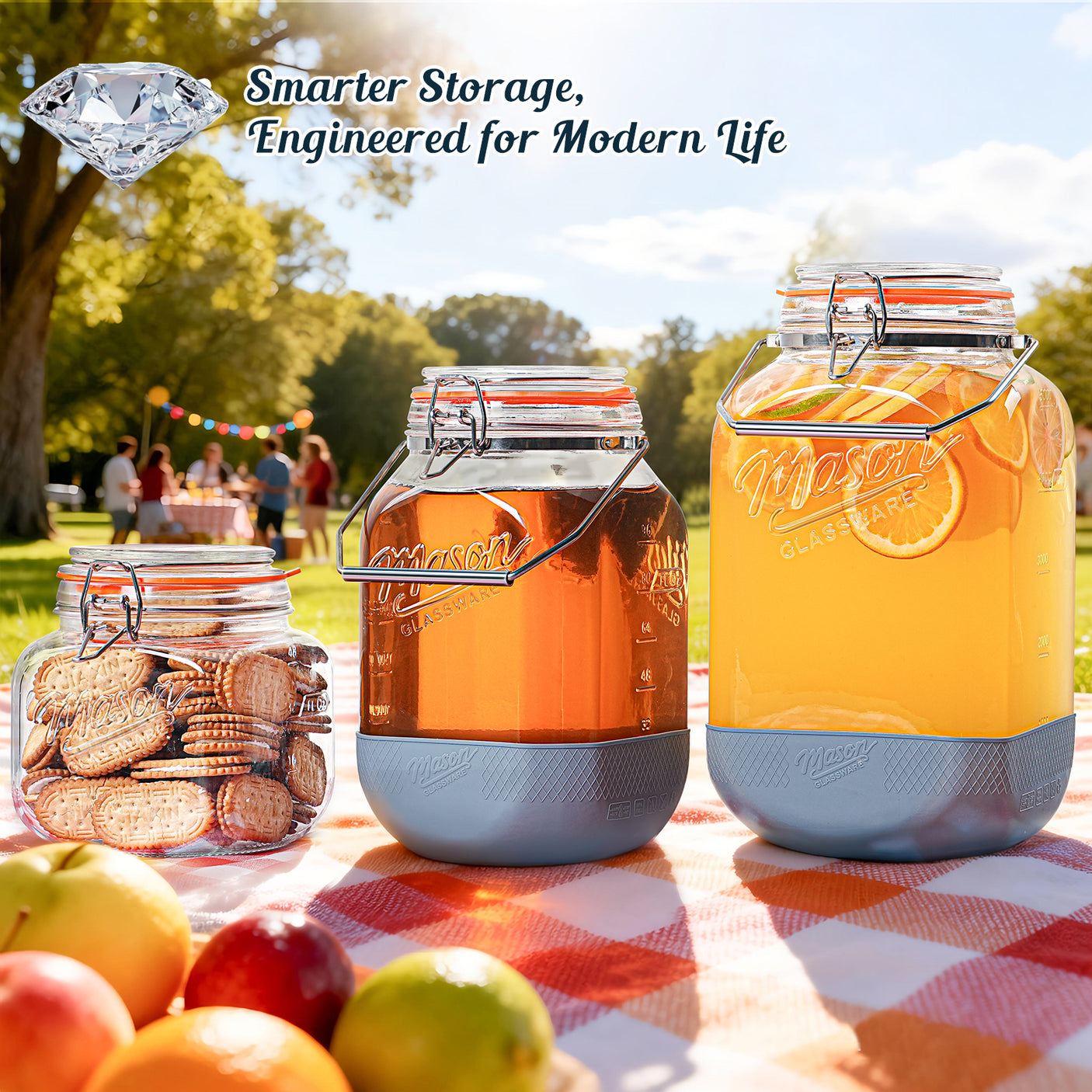 2 Pc 1 Gallon Glass Mason Jar with Silicone Anti-slip Cover & Airtight Glass Lid, Steel Removable Handle